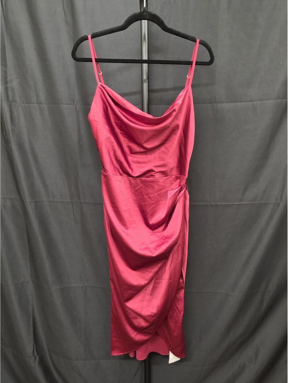 HTZMO WOMEN’S SATIN COWL NECK BACKLESS RUCHED BODYCON MIDI DRESS WINE SIZE L